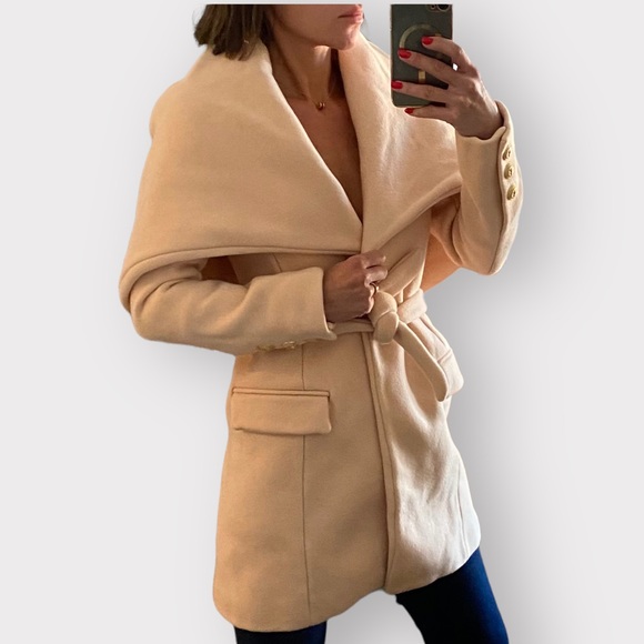 Authentic Balmain runway wool cashmere salmon pink dress cape coat XS 40 - Picture 4 of 12